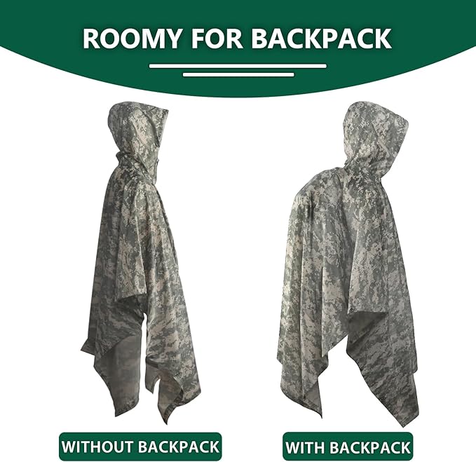 GRVCN Military Rain Poncho, Camouflage Raincoat Outdoor Waterproof Lightweight