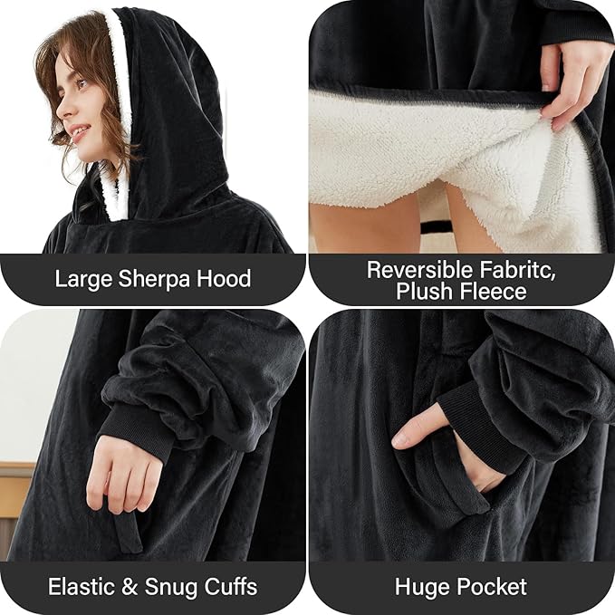 LetsFunny Blanket Hoodie,Oversized Wearable Sherpa Fleece Blanket Sweatshirt,Super Soft Warm Cozy with Giant Pocket,Gifts for Women Men Adults Teenagers Kids, One Size Fits All