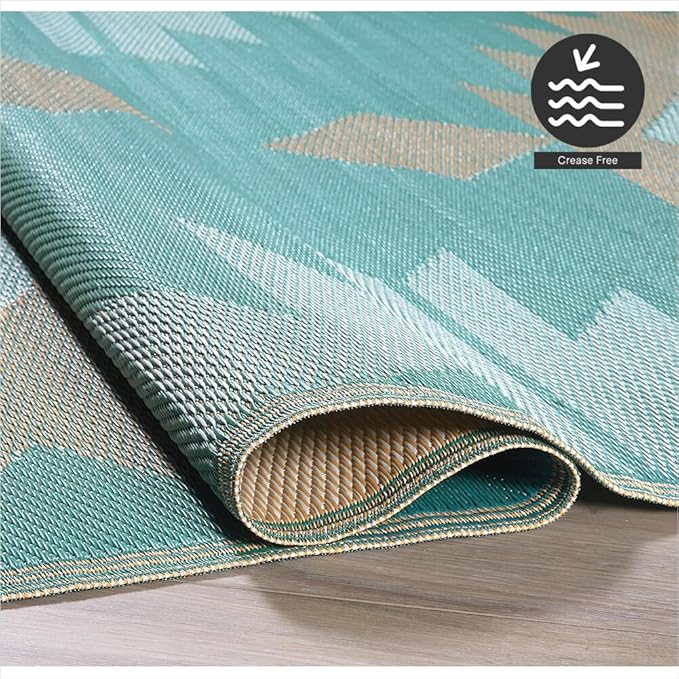 FH Home Outdoor Rug - Waterproof, Fade Resistant, Reversible - Premium Recycled Plastic - Geometric - Patio, Deck, Porch, Balcony - Bursa Kilim - Teal Crease Free - 4 x 6 ft