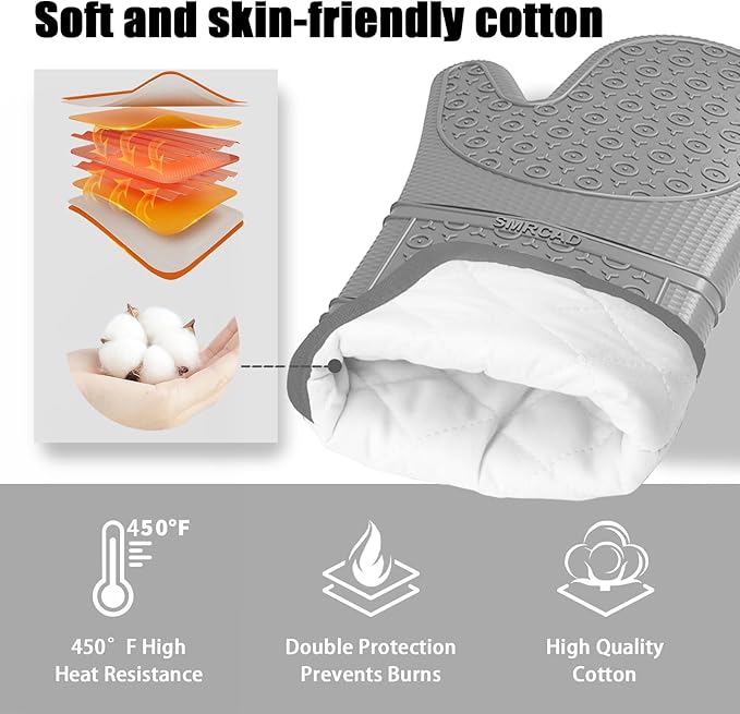 Oven Mitts with Heat-Resistant Hot Pads and Five Silicone Spatulas Designed for Kitchen Baking Cooking, Oven Glove Soft Cotton Lining, Waterproof, BPA-Free (Grey, 15.7)