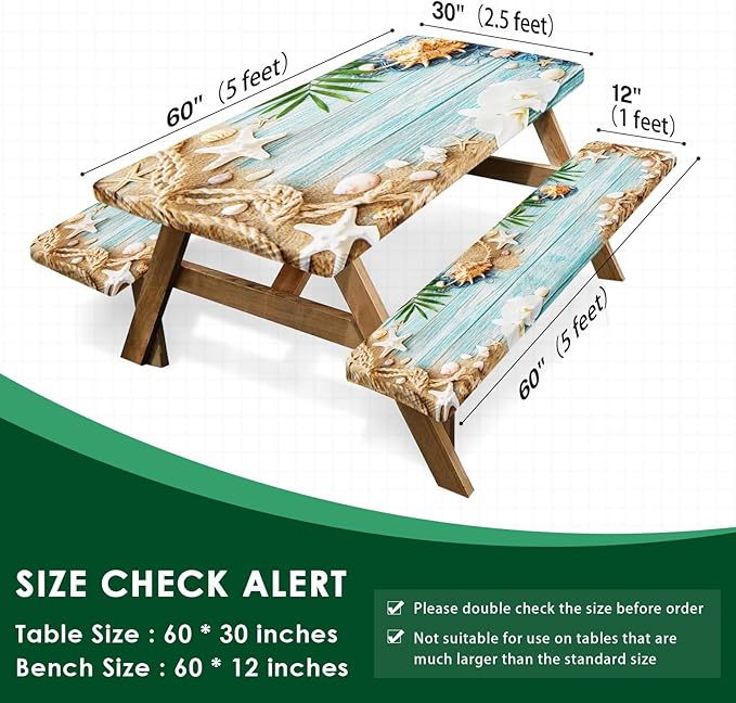 Picnic Table Cover with Bench Covers Elastic Edges, Ocean Fitted Table Cover, Outdoor Patio Camping Essentials 60 Inch 3PCS, Waterproof Camping Fitted Tablecloth with Drawstring Bag
