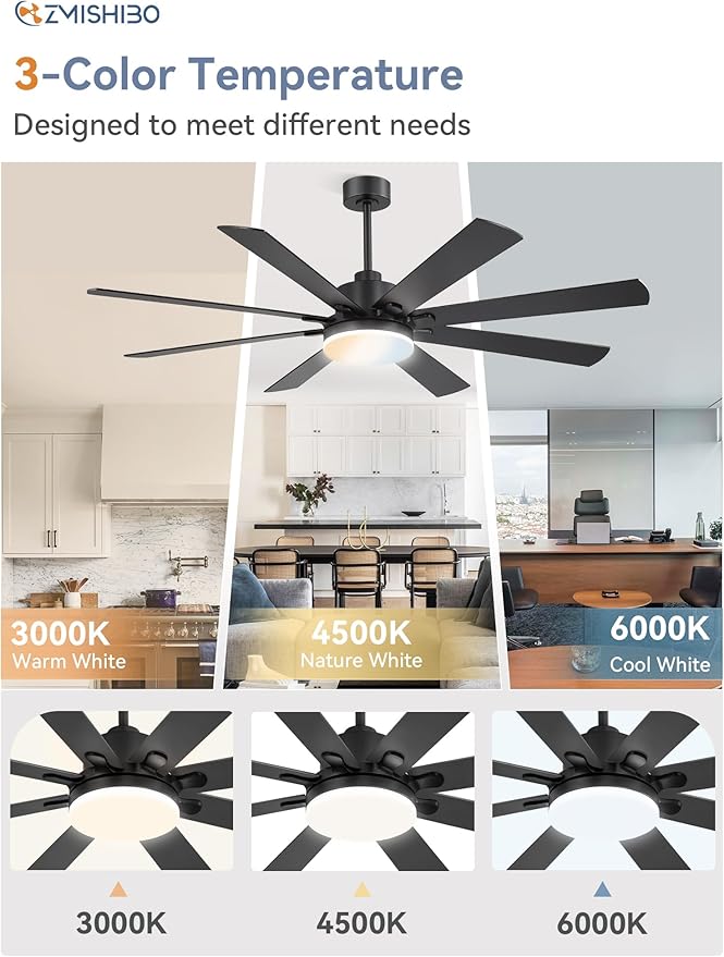 ZMISHIBO 65 Inch Modern Ceiling Fans with Lights, Indoor/Outdoor Ceiling Fans with Large LED Panel, Quiet Reversible DC Motor, 6-Speeds, 3CCT, Black Ceiling Fan for Patio, Livingroom, Garage