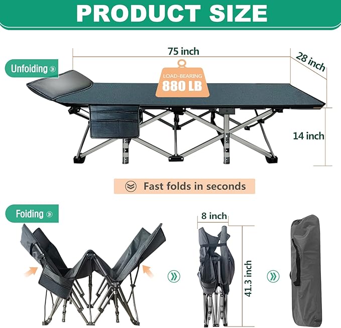 LILYPELLE Folding Camping Cot, Extra Wide Heavy Duty Sleeping Cots with Carry Bag, Double Layer Oxford Portable Travel Camp Cots for Home, Office Nap and Outdoor Beach