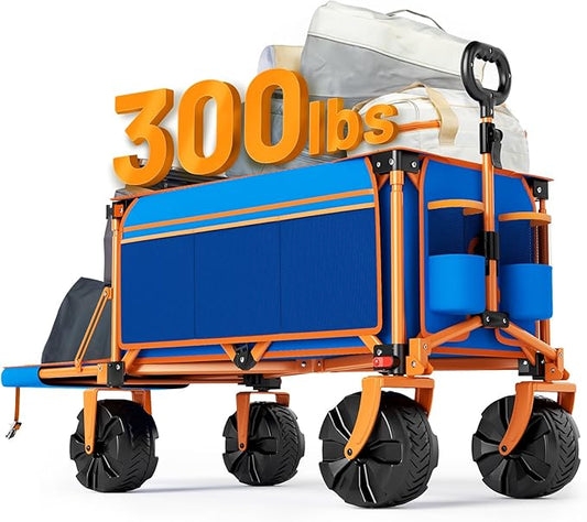 300lbs Extra Long 49" L Beach Wagon with Big Wheels for Sand, Collapsible Utility Beach Cart Heavy Duty Folding Wagon,Ideal for Outdoor Sand Camping Garden Pet