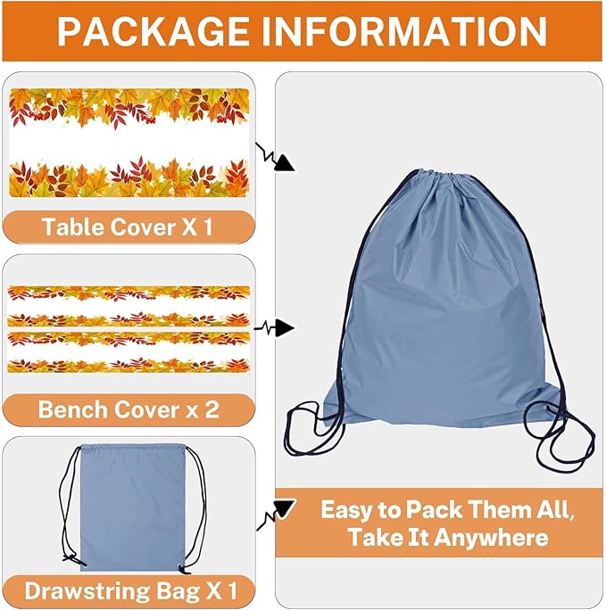 Picnic Table Cover with Bench Covers Elastic Edges, Leaves Fall Fitted Table Cover, Outdoor Patio Camping Essentials 72 Inch 3PCS, Waterproof Camping Fitted Tablecloth with Drawstring Bag