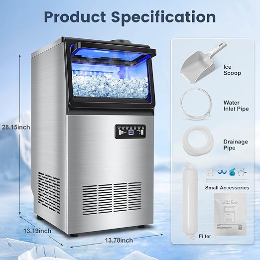 Commercial Ice Maker Machine 140LBS/24H, Dual Water Inlet Options, Freestanding Under Counter Ice Maker Smart LCD, Self-Cleaning, Quiet for Home, Bar, Restaurant, Support 5-Gallon Bottle Water