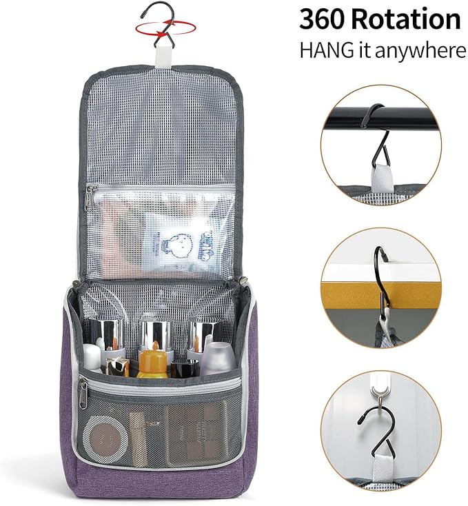 Della Gao Hanging Toiletry Bag for Women, Travel Toiletry Bags Makeup Bag Organizer, Water-resistant Cosmetic Bag for Essentials Accessories (Purple)