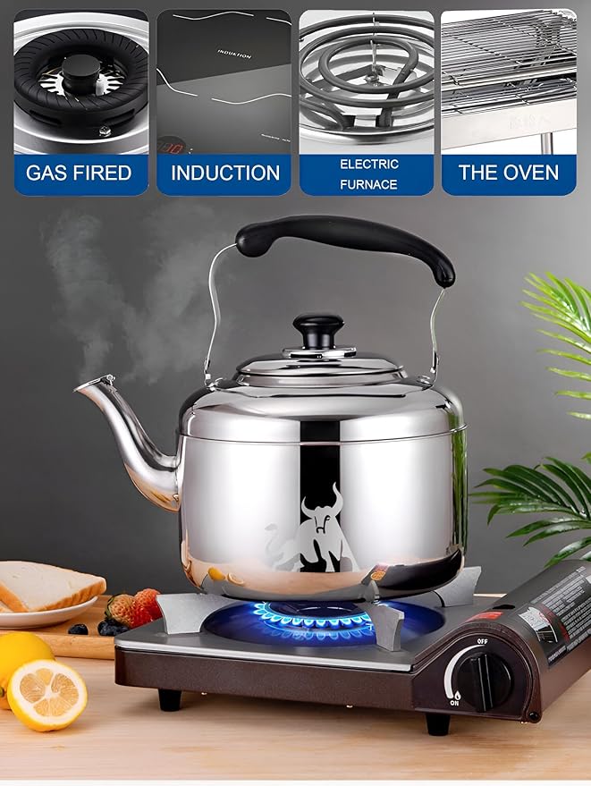 Chandler 5 Liter Tea Pots, Vintage Tea Kettle - 0.4mm Stainless Steel Pot - Hard to Dent | Ergonomic Handle with a Cool Grip | Portable Tea Kettle For Camping (Silver Color)