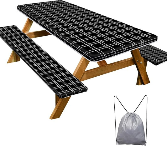 Picnic Table Cover with Bench Covers Camping Essentials Waterproof Windproof Camping Tablecloth with Drawstring Bag, Fitted Rectangle Tables and Seats, 60in, Black Checkered
