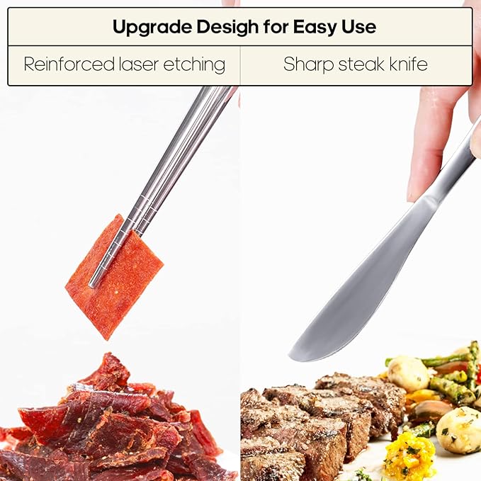 Travel Utensils with Case, Quatish Portable Silverware Set for Work, Stainless Steel Reusable Travel Cutlery Set, Fork and Spoon Set for Camping, EDC Gadgets, Lunch Box for Men, Silver