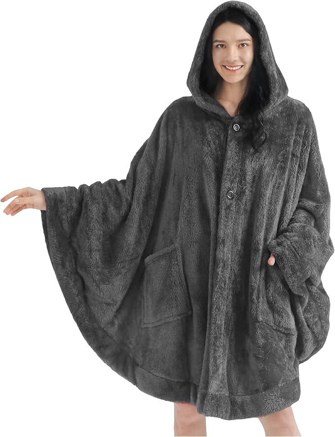 PAVILIA Angel Wrap Hooded Blanket Poncho, Wearable Blanket Throw Wrap Poncho for Women Adult, Cozy Fluffy Sherpa Fleece Shawl Cape with Hood pockets, Warm Gift for Mom Wife, Dark Gray