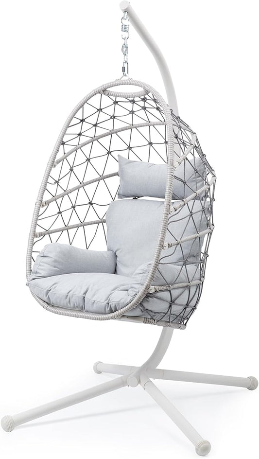 RoyalCraft Hanging Egg Chair Outdoor Swing Chair with Stand, Hammock Chair Indoor, Patio Boho Wicker Hanging Chair with Stand 350lbs Capacity for Garden, Balcony, Bedroom, Beige & Gray