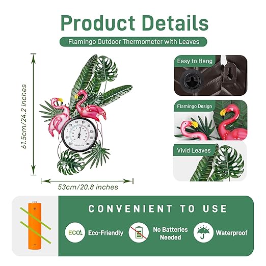 25" Outdoor Thermometer, Large Thermometer Outdoor Waterproof, Flamingo Decorative Outdoor Thermometers for Patio, Yard, Garden, Living Room