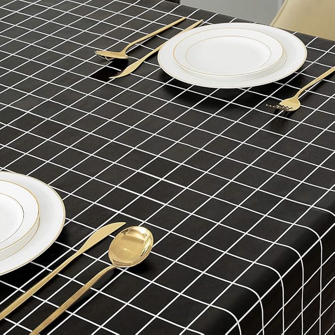 Romanstile Rectangle Plastic Tablecloth, 100% Waterproof Oil-Proof Checkered PVC Table Cloths, Heavy Duty Vinyl Table Covers for Dining, Camping, Picnic, Outdoor - 54 x 78 Inch, Black