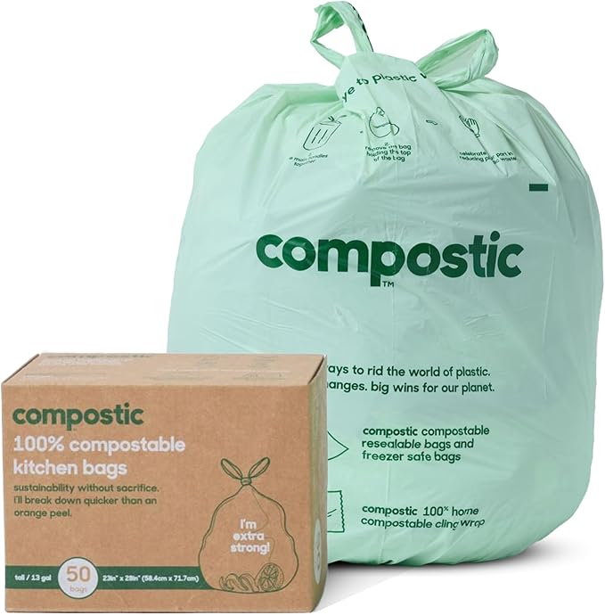 Home Compostable Trash Bags, 13 Gallon Tall Kitchen Rubbish Bags (23” x 29”), Extra Strong & Quickly Breaks Down, 50 Count