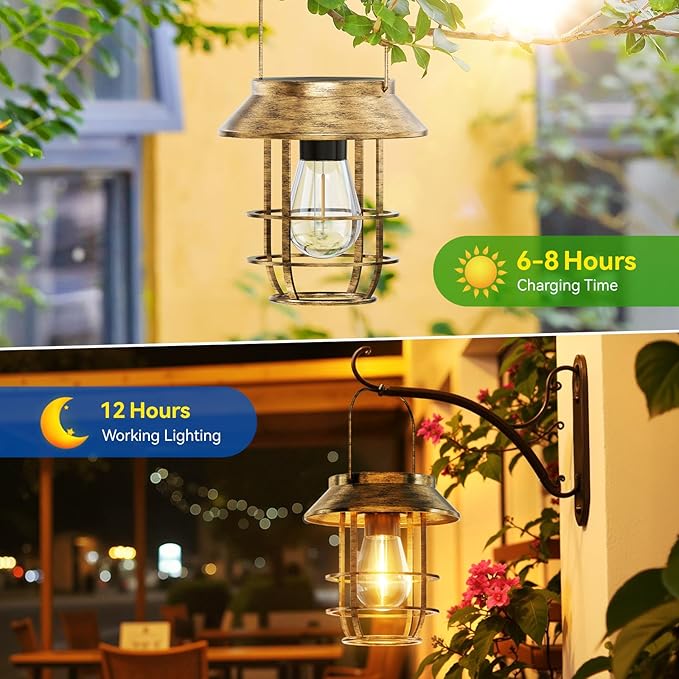 Solar Lanterns Outdoor Waterproof, High Brightness Hanging Solar Lights for Outside with Wall Hooks, Retro Metal Outdoor Lanterns Auto On/Off for Porch, Patio, Yard Decor 2 Pack