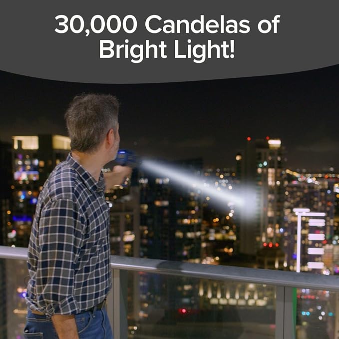 Mega-Bright Rechargeable Spotlight, AS-SEEN-ON-TV, Tactical & Emergency Flashlight, 10 Modes, Turbo Boost Up to 100%, Built-in Kickstand & Phone Charger, for Camping, Emergencies, Walking