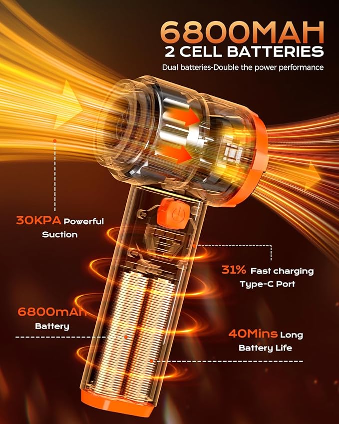 Car Vacuum Portable Cordless, Handheld Vacuum Cordless with 30000PA Suction, 130000RPM, 6800mAh Battery, 10 Nozzles, Rubber Paint Material for Car, Home, Pet Cleaning（Black Orange）