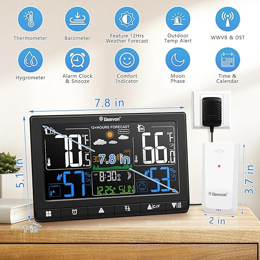 Geevon Weather Stations Wireless Indoor Outdoor with Atomic Clock, Color VA Display Digital Temperature Humidity Monitor with Barometer, Comfort Indicator, and Adjustable Backlight