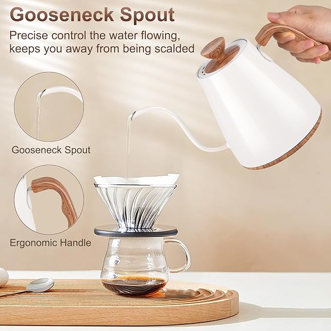 Gooseneck Electric Kettle, Intelligent Temperature Control, Stainless Steel Inner, Quick Heating, for Pour Over Coffee, Brew Tea, Boil Hot Water, 1000W 0.9L Off White