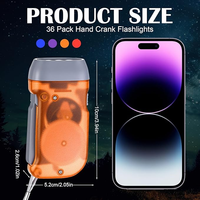 Treela 36 Pcs Hand Crank Flashlights Operation Christmas Items Bulk Squeeze Flashlight No Battery Required Torchlight 3 Powered Charging for Emergency(Red, Blue, Orange, Purple)