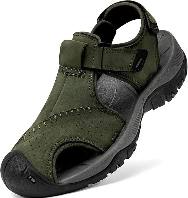 Men's Sport Sandals Closed Toe Leather Hiking Athletic Walking Outdoor Beach Trail River Fishing Water Shoes Lightweight Comfortable Waterproof