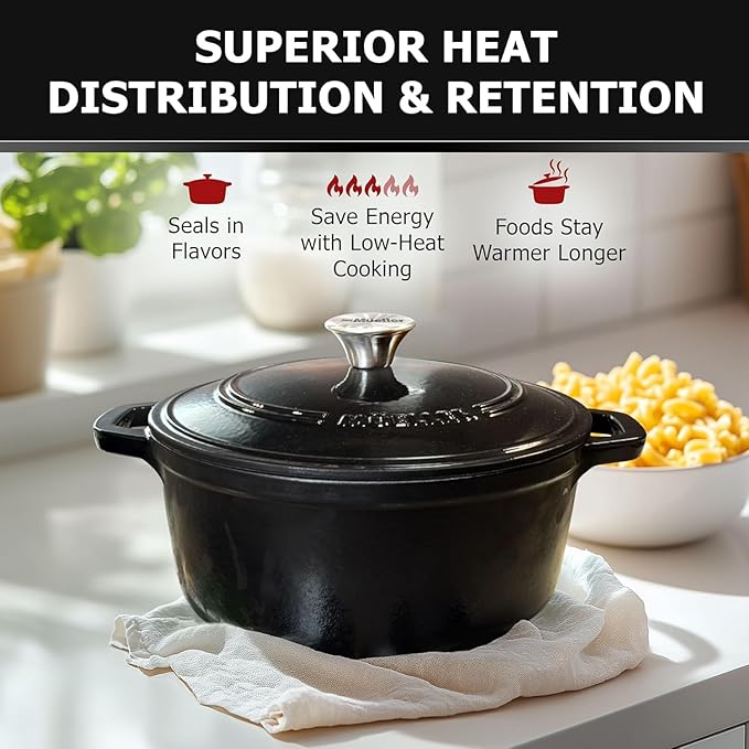 MÜELLERHOME 4.5 QT Enameled Cast Iron Dutch Oven, Heavy-Duty Casserole Dish and Braiser Pan with Lid and Stainless Knob, Oven-Safe up to 500° F & Across All Cooktops, Black