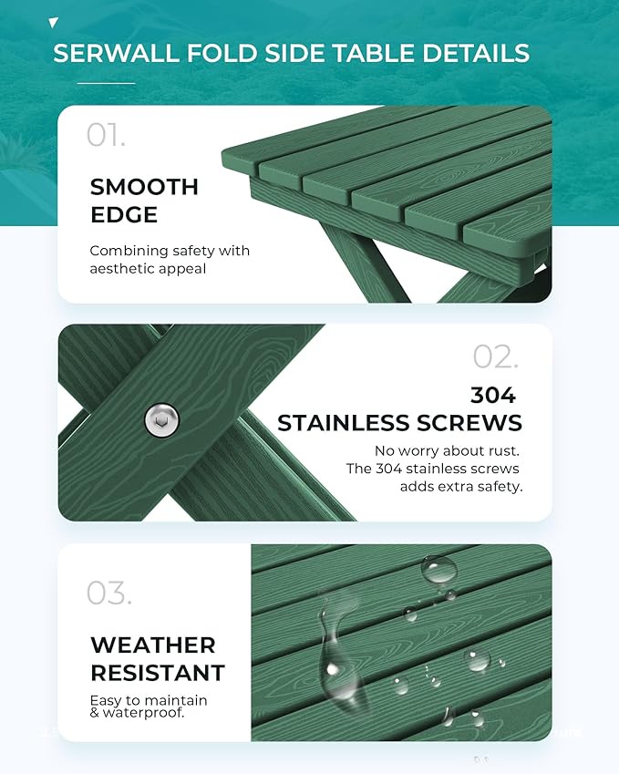 SERWALL Folding Outdoor Side Table Set of 2, Portable Adirondack Side Table, Green