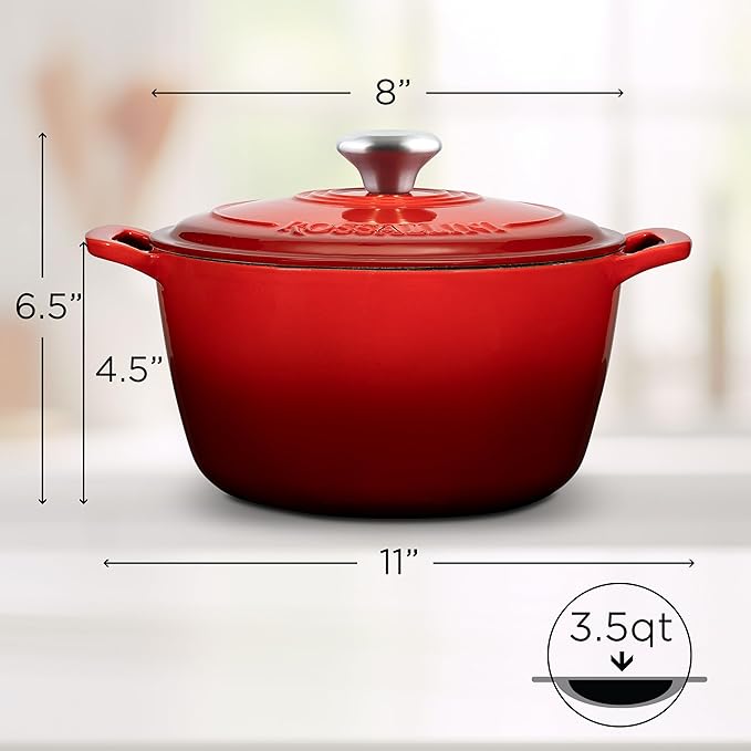 Signature Enameled Cast Iron Dutch Oven, Non-Stick Serving Pot with Tight Fitting Lid for Perfect Roasting, Baking, Sauteing, and Bread Making | 3.5Q (3.3L) - Red