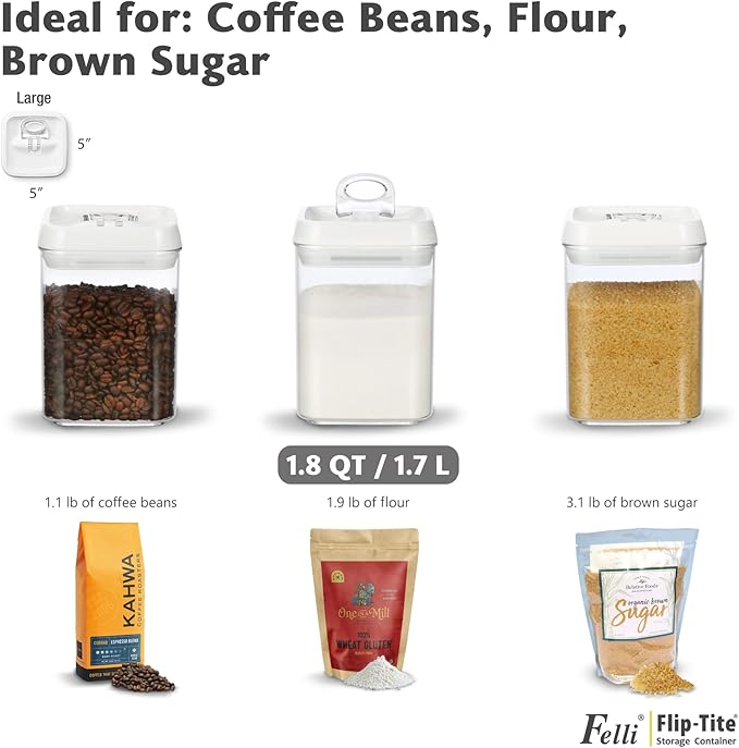 Felli Flip Tite Food Storage Containers With Lid 5" LARGE Airtight Ring Lock Flip Top, Square Acrylic Canister Jar for Rice Sugar Flour Protein Powder, Kitchen Pantry Organizer, Gift Set (1.8qt)