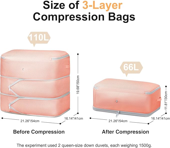 Comforter Storage Bag - Large Capacity Blanket Storage Bags 3-Layer Ultra Space Saving Self Compression Organizer, Washable Compression Bags for Storage Comforter Blanket, 6-Pack, Pink