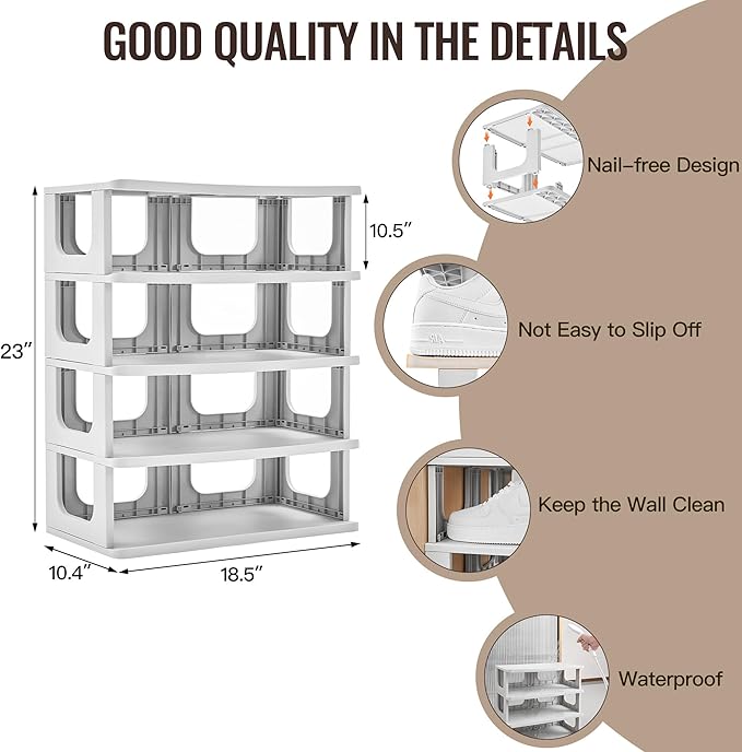 TRZZ 5-Tier Small Shoe Rack, Vertical Narrow Stackable Organizer with Removable Partition, Efficient Shoe Storage for Closet, Entryway, and Small Spaces (Grey)