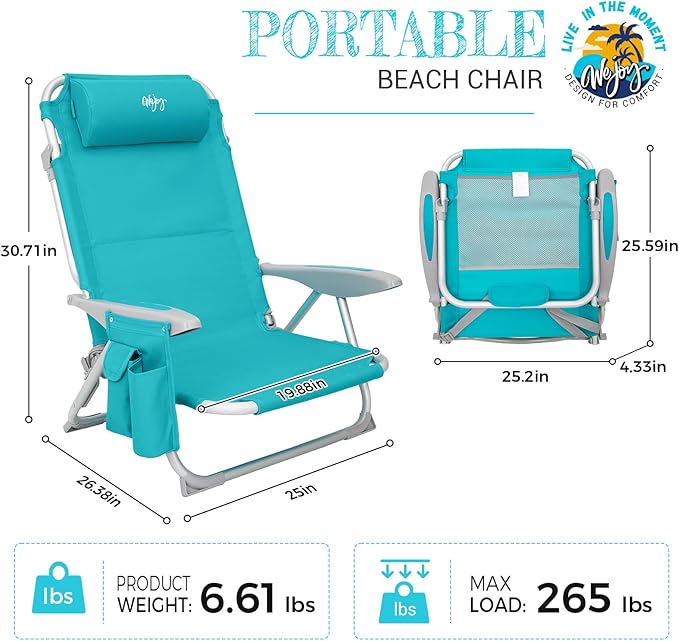 #WEJOY Folding Beach Chair for Adults, 4-Position Aluminum Lightweight Beach Chair, Low Sands Chairs with Shoulder Strap, Cup Holder and Padded Headrest, Supports 265lbs for Lawn