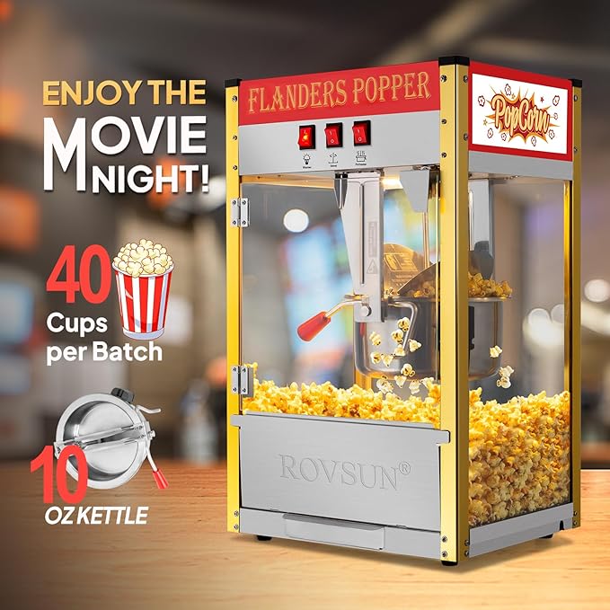 ROVSUN Popcorn Machine Movie Theater Style w/ 10 Ounce Kettle Makes Up to 4 Gallons ETL Certified, Countertop Popcorn Maker Commercial Popcorn Machine w/Scoop, Oil Spoon, Bags & 3 Cups, Red