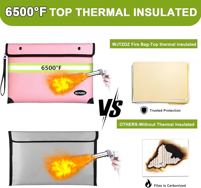 6500°F Fireproof Document Bag,Upgraded Fireproof/Waterproof Money Bag with Zipper/Reflective Strip,Storage Pouch for A4 Letter Size Document,Cash,Cell Phone,Passport