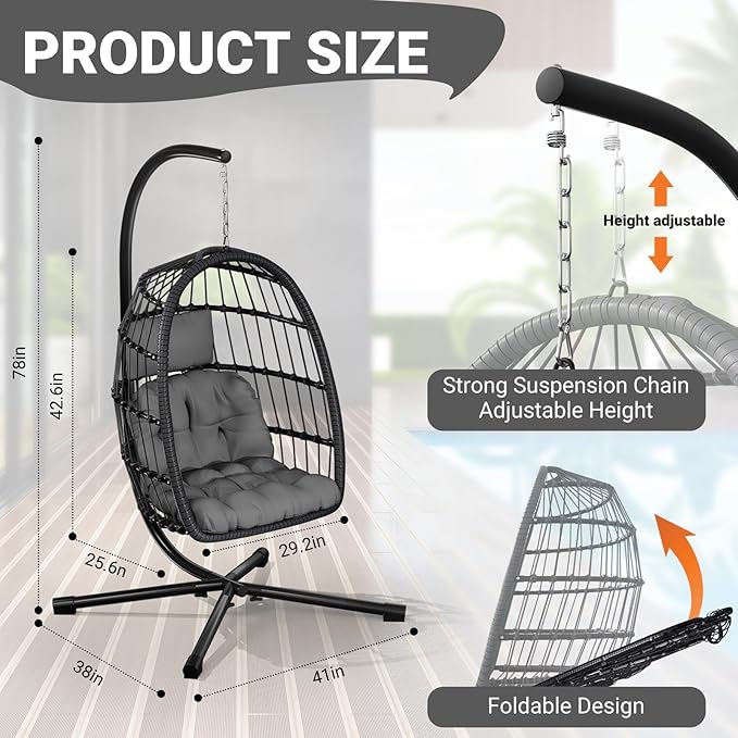 LEVELEVE Egg Chair with Stand,Patio Rattan Wicker Hanging Swing Egg Chair Hammock Chair for Bedroom Porch Garden,Thickened Aluminum Alloy Steel Frame and UV Resistant Cushion,350LBS Capacity(Grey)