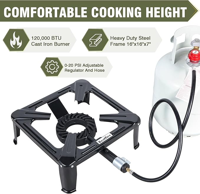 Bestfire High Pressure Propane Burner, 120000 BTU Single Propane Stove with 4.1ft 0-20Psi Adjustable Hose with Regulator, 16" Square Steel Cooktop for Camping