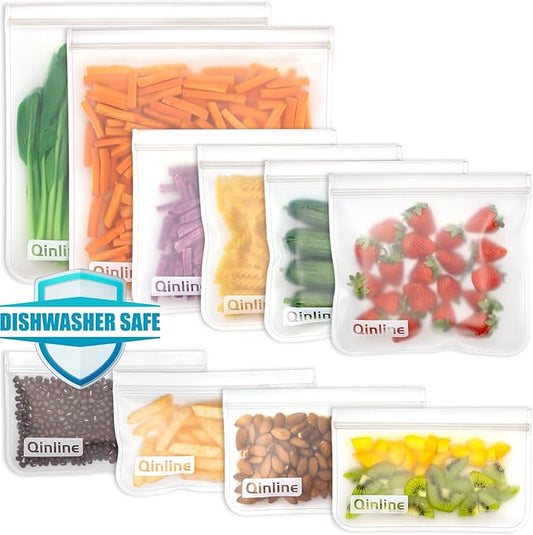 Reusable Food Storage Bags - 10 Pack Freezer Bags, Reusable Bags Silicone, Extra Thick Leakproof Reusable Lunch Bag for Salad Fruit Snack Travel - 2 Gallon 4 Sandwich 4 Snack Bags