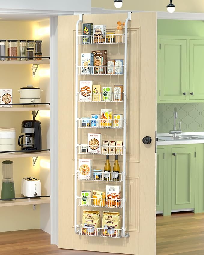 TIMEBAL 8 Tier Over the Door Pantry Organizer, and Storage Rack with 8 Full Baskets, Metal Hanging & Wall Mounted Kitchen Storage Spice Rack, Bathroom Over Door Organizer-White