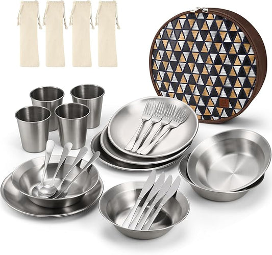 Odoland Camping Complete Messware Kit, Polished Stainless Steel Camp Dinnerware, Camping Cooking Tableware, Cutlery Organizer Utensil with Plates and Bowls Set for Backpacking, Hiking, Picnic Picnic.
