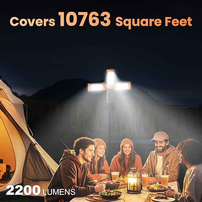 CAVN Rechargeable 10000mAh Camping Lights with Stand 6.5 ft Max Height, Portable Cordless LED Work Light 2200 Lumens 6500/4500/3500K Dimmable Camping Essentials Gear with Detachable Tripod, Orange