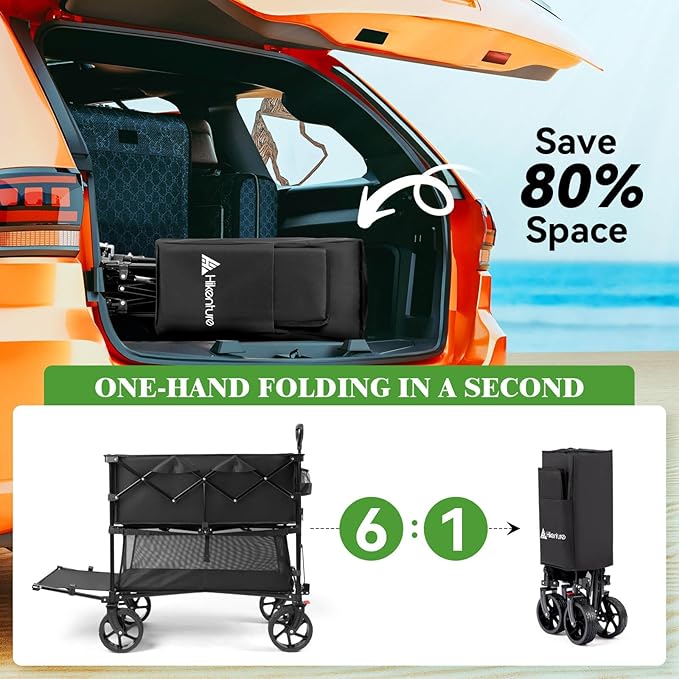 Hikenture Double Decker Wagon, 400L Extra Large Beach Wagon with Big Wheels for Sand, 500LBS Heavy Duty Collapsible Cart with Tailgate, Utility Carts Foldable for Beach, Sports