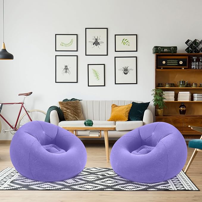 Realspring Inflatable Bean Bag Chairs Outdoor Blow up Camping Chairs Inflatable Lazy Sofa Folding Portable Bean Bag Loungers Couch for Movie Night(Light Purple,2 Pcs)