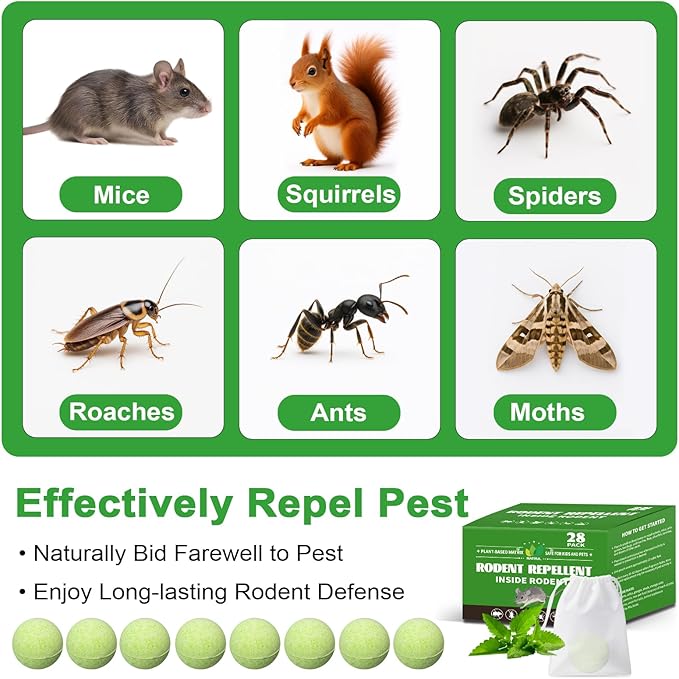28 Pack Mouse Rodent Repellent & Pest Defense - Fresh Mint Scented Deterrent for Indoor/Outdoor Use - Safe Around Kids & Pets