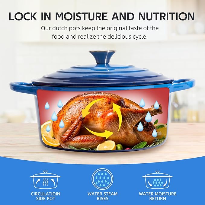 6 Quart Dutch Oven Enameled Cast Iron with Lid - Big Dual Handles - Oven Safe up to 500°F - Classic Round Pot for Versatile Cooking (Blue, 6 QT)