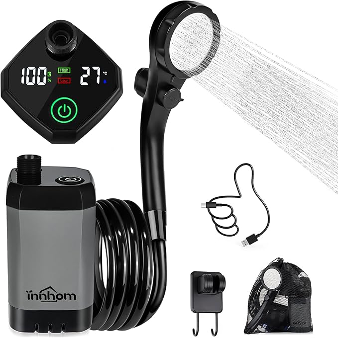 innhom Portable Shower for Camping, 6000mAh Rechargeable Camping Shower with LED Display, 2 Mode Electric Outdoor Camp Shower Pump for Hiking, Travelling, Washing, Grey