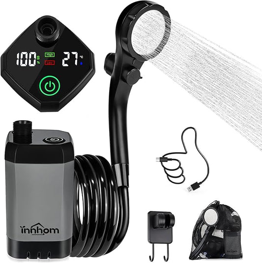 innhom Portable Shower for Camping, 6000mAh Rechargeable Camping Shower with LED Display, 2 Mode Electric Outdoor Camp Shower Pump for Hiking, Travelling, Washing, Grey