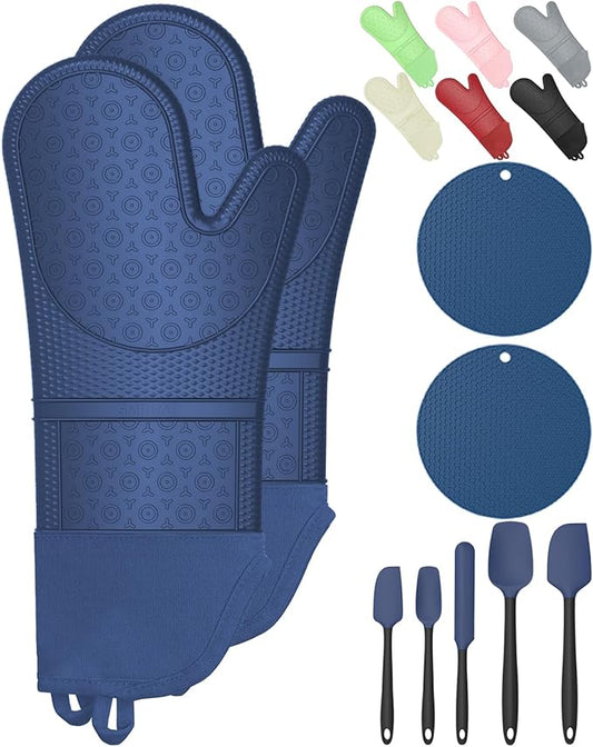 Oven Mitts with Heat-Resistant Hot Pads and Five Silicone Spatulas Designed for Kitchen Baking Cooking, Oven Glove Soft Cotton Lining, Waterproof, BPA-Free (Dark Blue, 15.7)