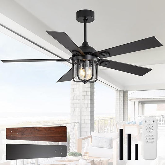 52 Inch Outdoor Ceiling Fan,IP65 Waterproof and Moisture-Proof Ceiling Fan,with Light and Remote Control,6-Speed Reversible DC Motor,Suitable for Pavilions and Terraces.Black