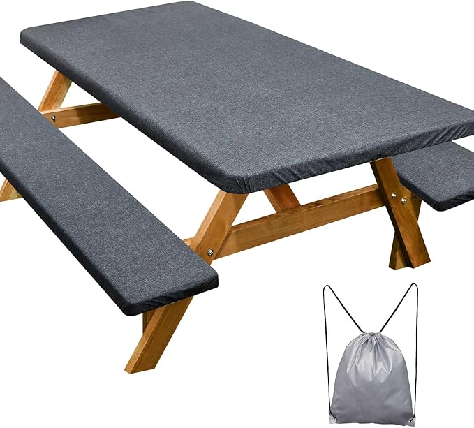 Picnic Table Cover with Bench Covers Camping Essentials Waterproof Windproof Camping Tablecloth with Drawstring Bag, Fitted Rectangle Tables and Seats, 72in, Heather Grey
